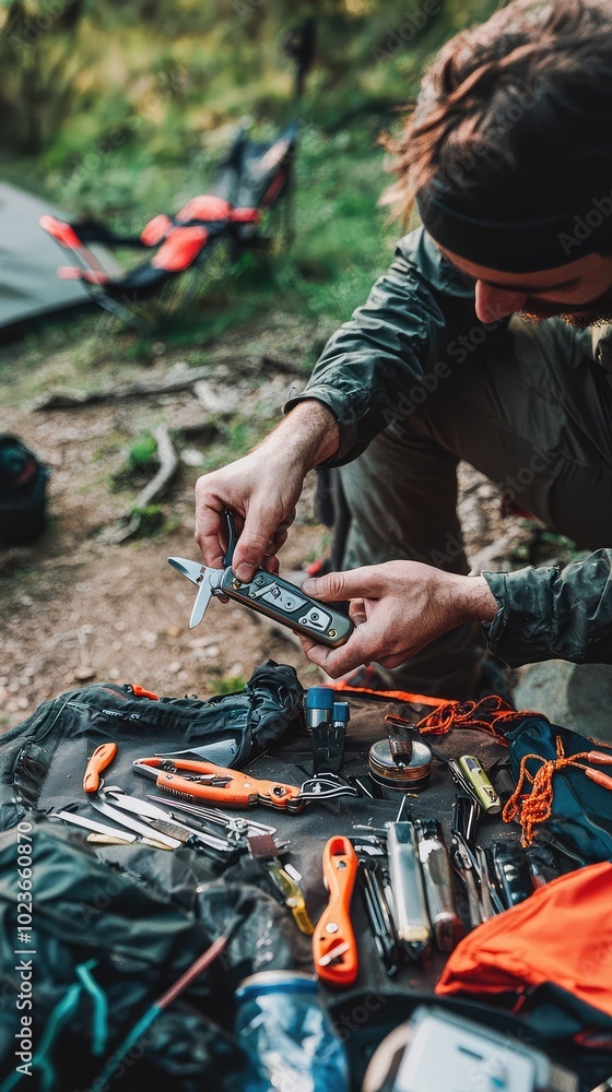 Camper Using Multi-Tool for Outdoor Tasks Camper Using Multi-Tool for Outdoor Tasks