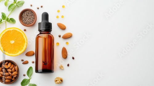 Omega-3 oil bottle surrounded by fresh vegetables, nuts, and seeds, Omega oils, superfood ingredients