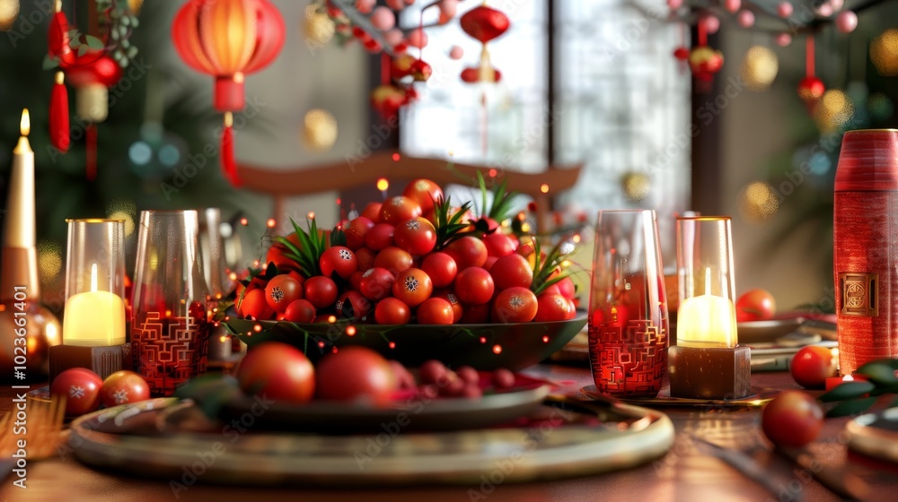 Joyful Celebration Vibrant Jujube Centerpiece and Lanterns Adorn Festive Table Setting with Traditional Decorations Joyful Celebration Vibrant Jujube Centerpiece and Lanterns Adorn Festive Table Setting with Traditional Decorations