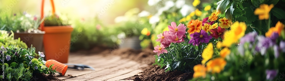 A vibrant garden path lined with colorful flowers, pots, and gardening tools, capturing the beauty of nature and springtime joy.