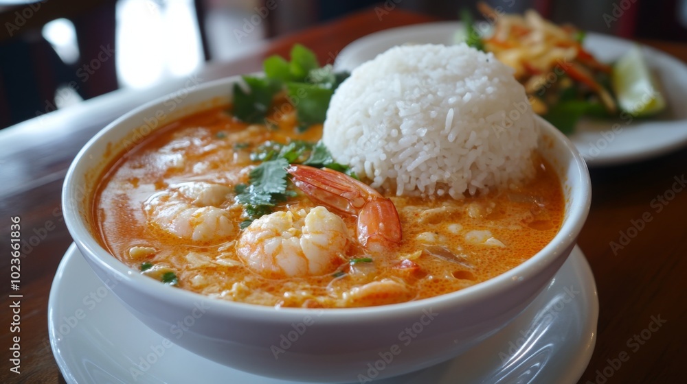 Delicious Shrimp Curry with White Rice and Fresh Herbs Delicious Shrimp Curry with White Rice and Fresh Herbs
