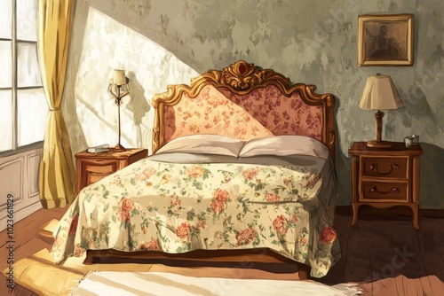 A beautifully decorated vintage bedroom with floral patterns, antique furniture, and sunlight streaming through the window.
