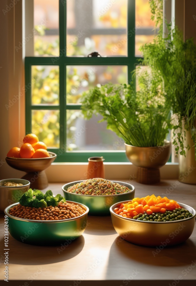 vibrant nutrient rich dog food bowls artfully arranged colorful ingredients healthy pet diet, appetizing, aromatic, balanced, comprehensive, cuisine vibrant nutrient rich dog food bowls artfully arranged colorful ingredients healthy pet diet, appetizing, aromatic, balanced, comprehensive, cuisine