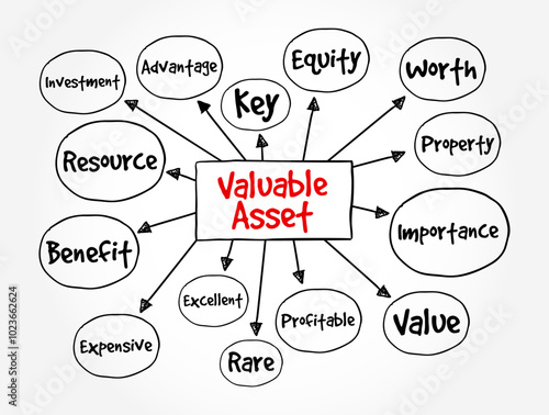Valuable Asset - something that has significant worth or importance, either in a financial context or in terms of utility, effectiveness, or contribution, mind map text concept background
