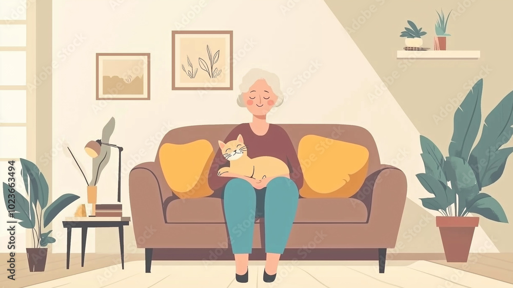 elderly woman sitting in sofa in living room, cat is sleeping on her lap, flat design, colorful, simple, and minimalistic, in a cartoon style. Senior woman in good health having a cat pet for company. elderly woman sitting in sofa in living room, cat is sleeping on her lap, flat design, colorful, simple, and minimalistic, in a cartoon style. Senior woman in good health having a cat pet for company.