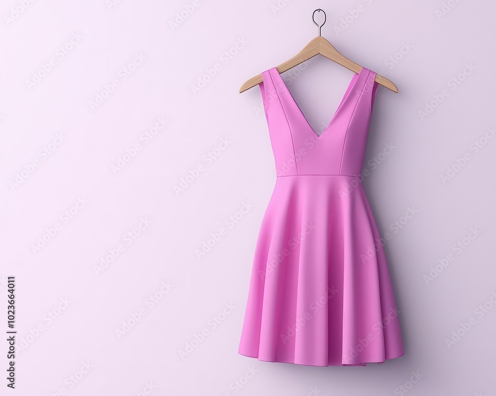 Modern dress in pastel tones, hanging on a sleek metallic hanger, floating in a white, empty space, minimalist and contemporary design Modern dress in pastel tones, hanging on a sleek metallic hanger, floating in a white, empty space, minimalist and contemporary design