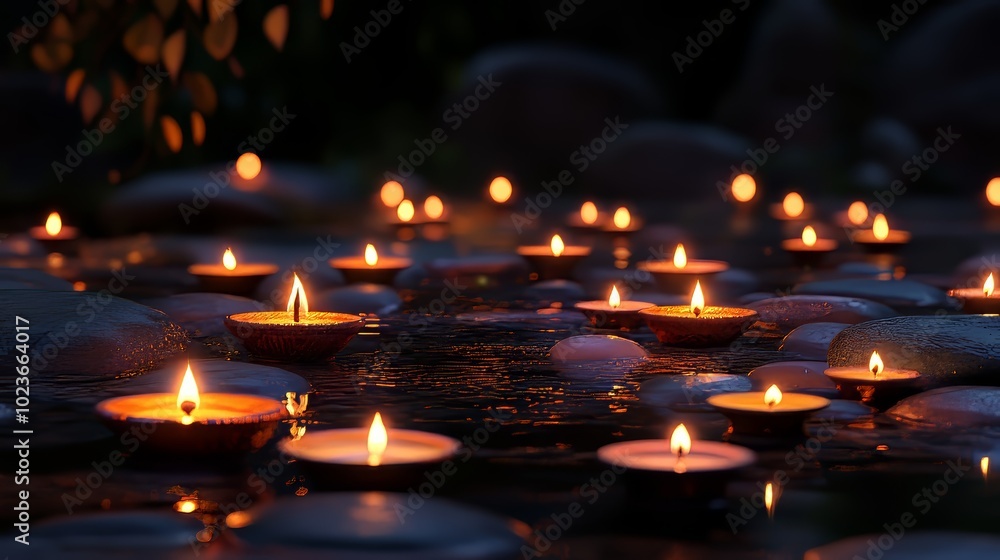 Diwali diyas in back view with glowing candles Diwali diyas in back view with glowing candles