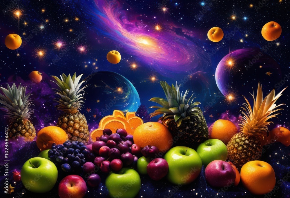 Fototapeta premium vibrant space scene colorful fruits floating amongst stars galaxies, rainbow, lgbtq, lgbt, pride, love, equality, tropical, nature, cosmos, universe, planet