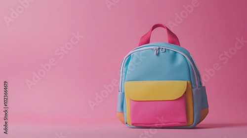 Colorful backpack isolated on pink background, ideal for back-to-school promotions