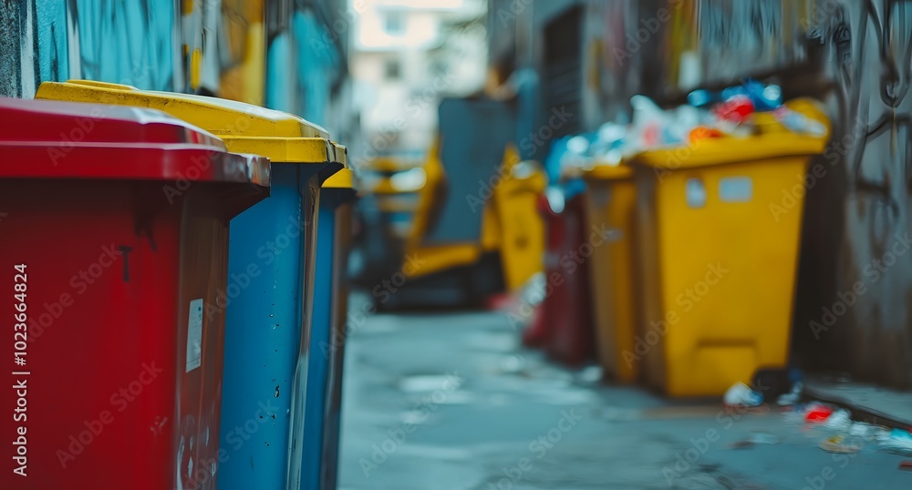 Colorful trash bins in alley with blurred background of city street and garage. Close-up of red plastic waste bin Colorful trash bins in alley with blurred background of city street and garage. Close-up of red plastic waste bin