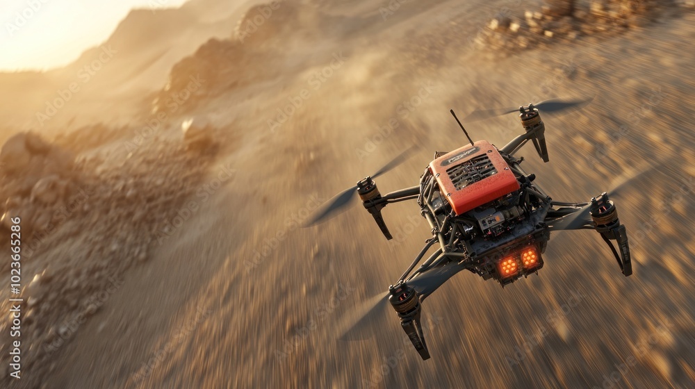 A high-speed drone flying over a rugged desert landscape at sunset. A high-speed drone flying over a rugged desert landscape at sunset.
