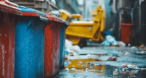 Colorful trash bins in alley with blurred background of city street and garage. Close-up of red plastic waste bin