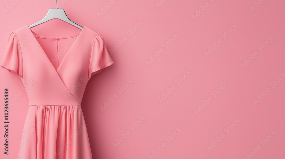 Soft pastel dress hanging on a sleek metallic hanger, floating against a white background, minimalism meets fashion Soft pastel dress hanging on a sleek metallic hanger, floating against a white background, minimalism meets fashion