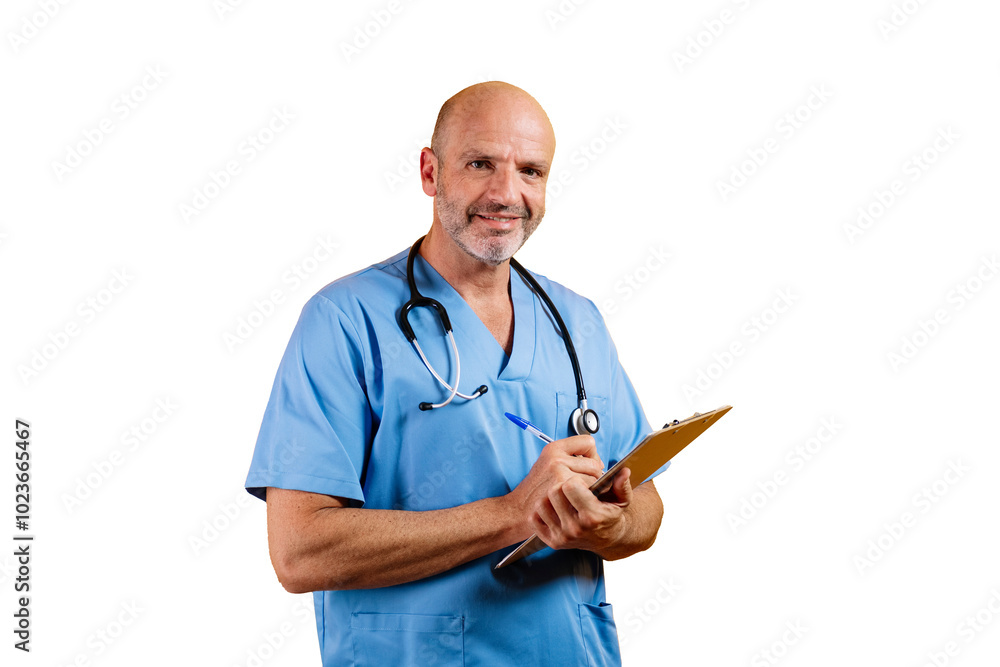 Nurse in blue lab coat holding clipboard and stethoscope on white background. Nurse in blue lab coat holding clipboard and stethoscope on white background.