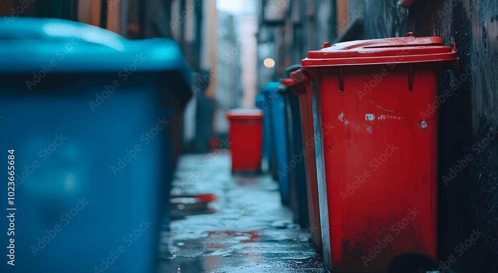 Colorful trash bins in alley with blurred background of city street and garage. Close-up of red plastic waste bin Colorful trash bins in alley with blurred background of city street and garage. Close-up of red plastic waste bin