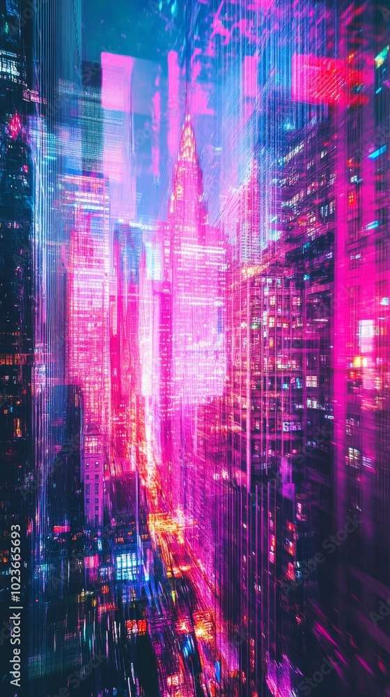 Double exposure artwork of a futuristic skyscraper, combining vibrant city lights and abstract neon patterns. Double exposure artwork of a futuristic skyscraper, combining vibrant city lights and abstract neon patterns.