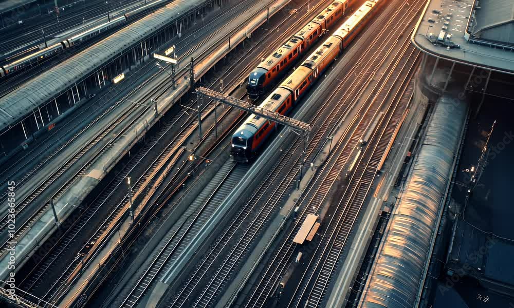 Aerial view of trains on tracks in a railway yard during sunset. Aerial view of trains on tracks in a railway yard during sunset.