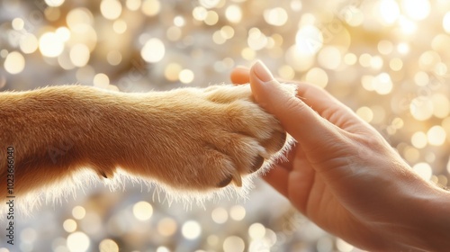 Dog paw and human hand gently touch, symbolizing friendship and trust, AI