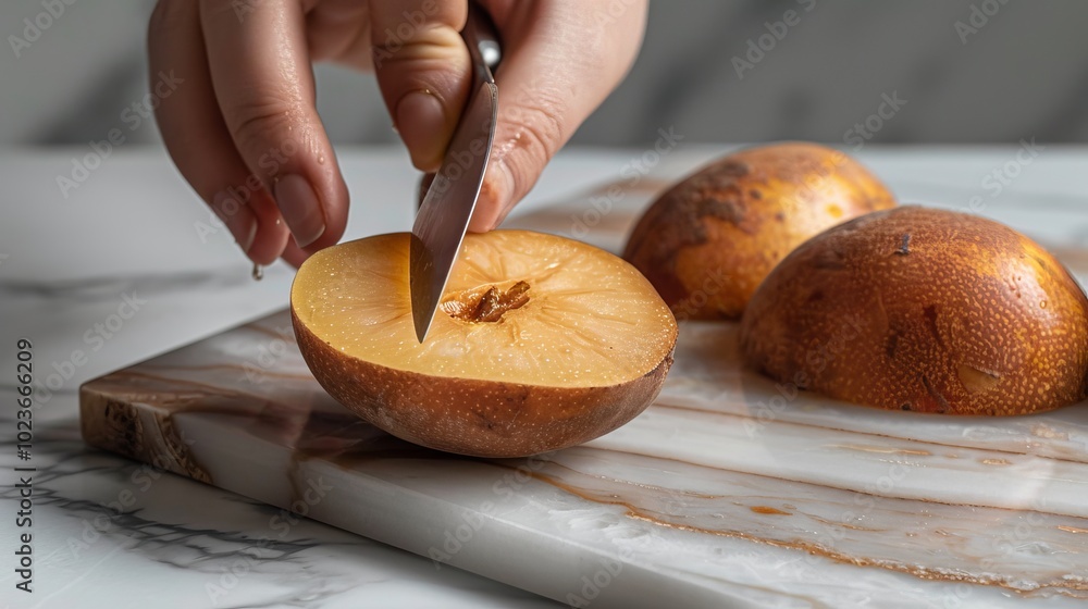 Slice of Sweetness Exquisite Sapodilla Being Sliced on Elegant Marble Board Fresh Juicy and Perfectly Cut for Culinary Delight Slice of Sweetness Exquisite Sapodilla Being Sliced on Elegant Marble Board Fresh Juicy and Perfectly Cut for Culinary Delight
