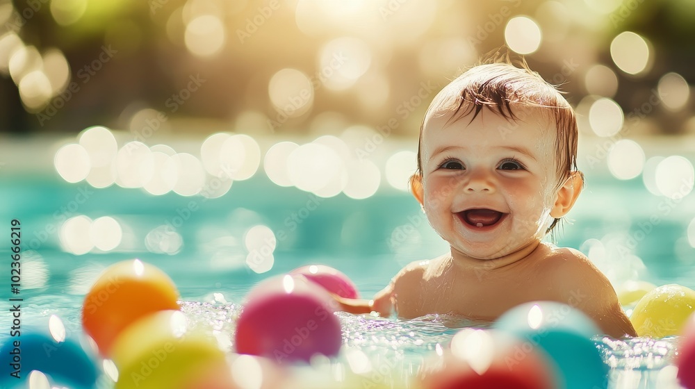 A baby is playing with a bunch of colorful balls in a pool A baby is playing with a bunch of colorful balls in a pool