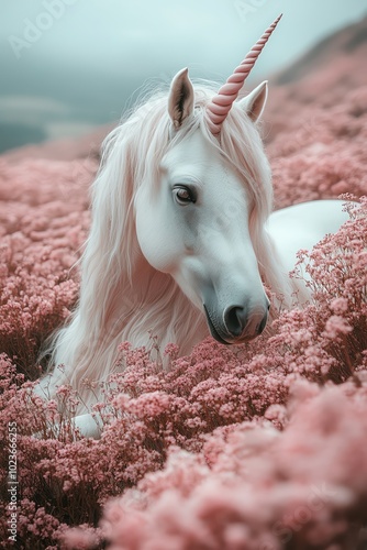 A majestic unicorn lying among soft pink flowers, pastel tones, dreamy lighting photo