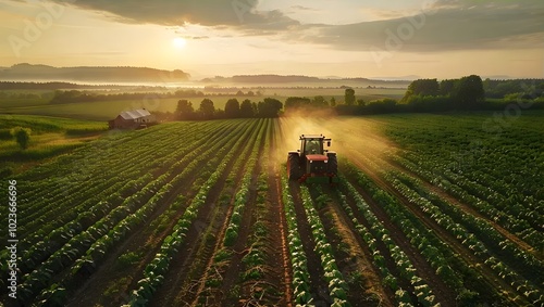 Sprawling Agricultural Farm Featuring Fields of Crops, Tractors, and Machinery Dedicated to Food Production for a Growing Population, Showcasing Sustainable Farming Practices"