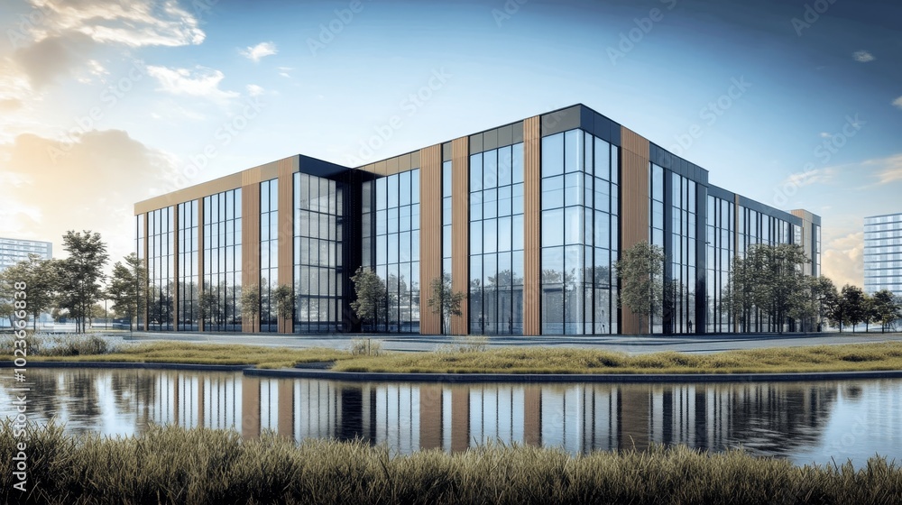 Modern Office Building with Glass Facade and Lake Reflection, Corporate Headquarters Architecture Modern Office Building with Glass Facade and Lake Reflection, Corporate Headquarters Architecture