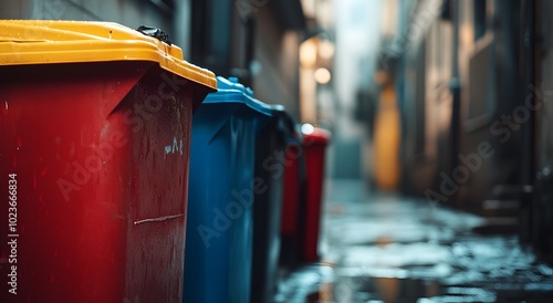 Colorful trash bins in alley with blurred background of city street and garage. Close-up of red plastic waste bin