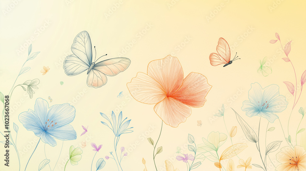 Colorful butterflies and delicate flowers on soft pastel background Colorful butterflies and delicate flowers on soft pastel background