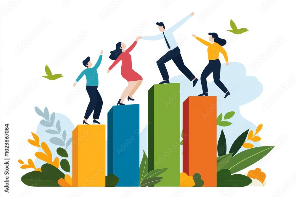 A business team climbing a bar chart, teamwork and success, isolated on white background A business team climbing a bar chart, teamwork and success, isolated on white background