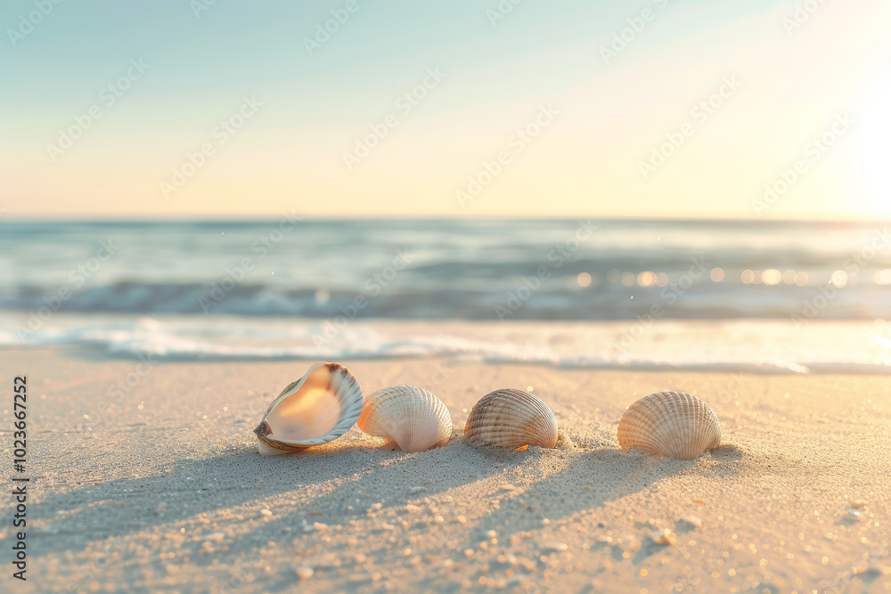 Obraz premium A beach scene with four shells on the sand