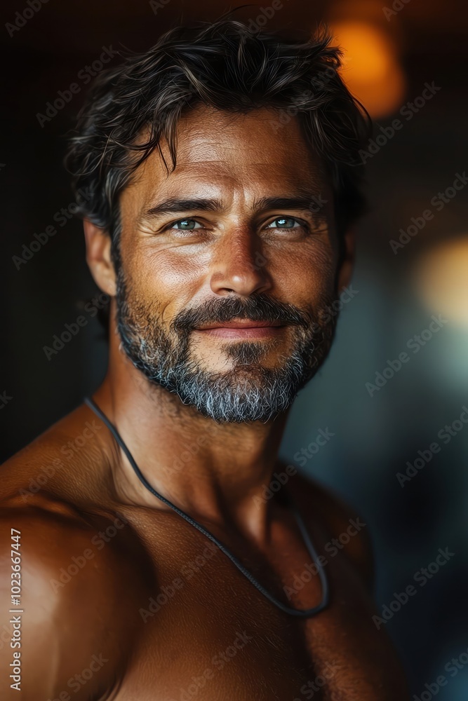 Fit middleaged man smiling confidently in a bright gym, soft lighting highlighting his muscular build Fit middleaged man smiling confidently in a bright gym, soft lighting highlighting his muscular build