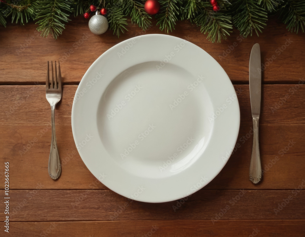 Top view to empty white plate on wooden table. Christmas, New Year background