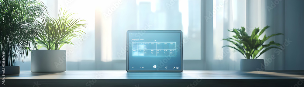 Tablet with Floating Holographic Calendar and Notifications in Minimalist Modern Office - Dynamic Copy Space for Stock Concept Tablet with Floating Holographic Calendar and Notifications in Minimalist Modern Office - Dynamic Copy Space for Stock Concept