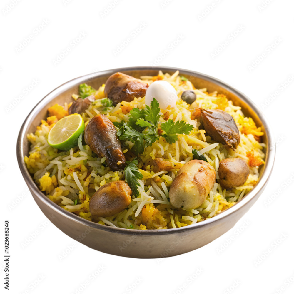 A bowl of biryani with chicken pieces A bowl of biryani with chicken pieces