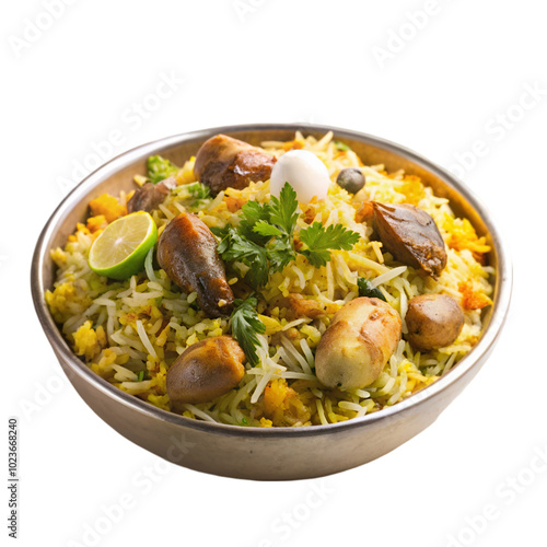 A bowl of biryani with chicken pieces