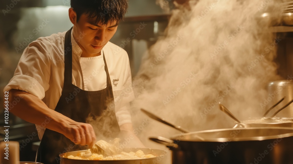 Chef Cooking in a Steamy Kitchen Environment