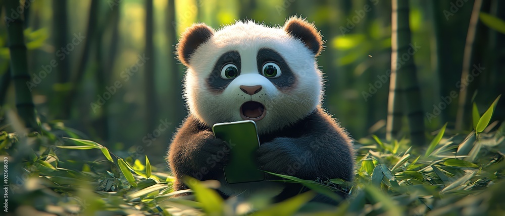 Obraz premium Panda holding a smartphone, looking surprised in a bamboo forest, cute and playful
