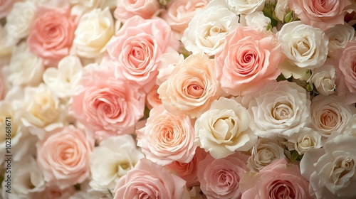 Pink and white roses in full bloom, creating a soft, romantic floral arrangement