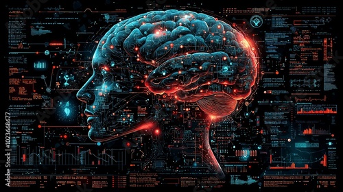 A digital human brain portrayed with intricate circuits and connections overlaying to create a sense of neural and technological integration and complexity. photo