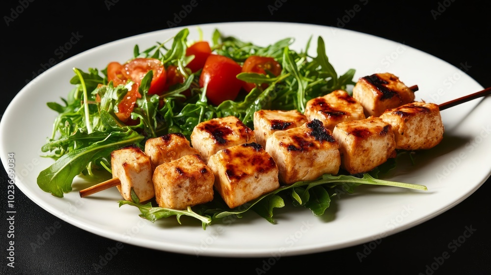 Grilled chicken skewers with arugula and cherry tomato salad on a white plate. Grilled chicken skewers with arugula and cherry tomato salad on a white plate.