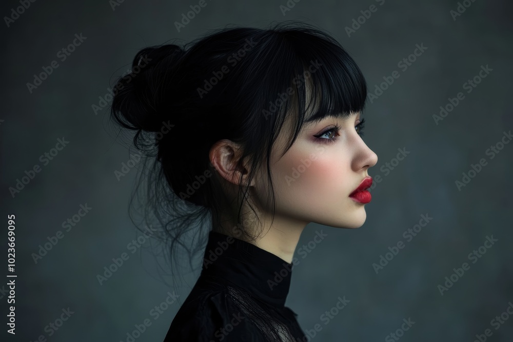 Fototapeta premium 黒の服を着た女性が横顔を向けている様子で、幻想的な空間に佇む姿