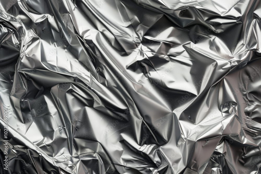 A piece of shiny silver foil with a crumpled texture A piece of shiny silver foil with a crumpled texture