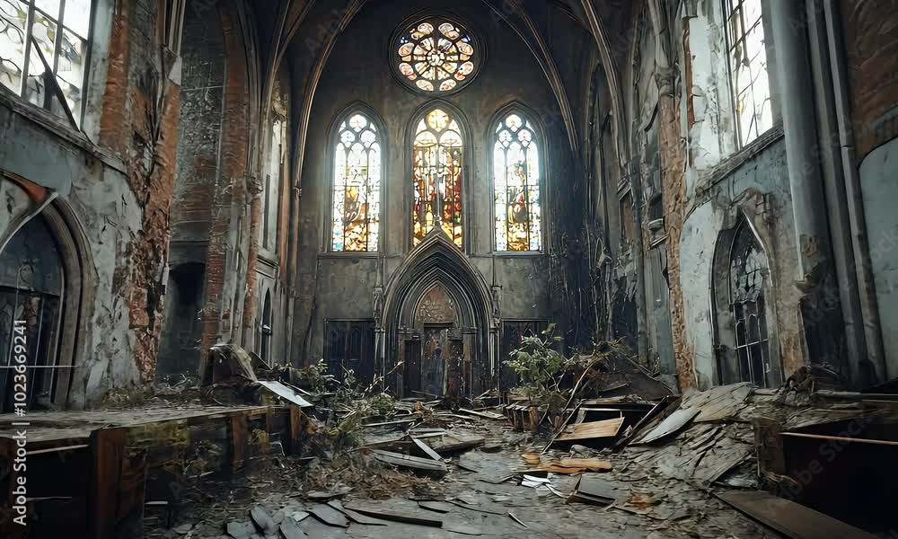 An abandoned church interior with stained glass, debris, and overgrown plants. An abandoned church interior with stained glass, debris, and overgrown plants.