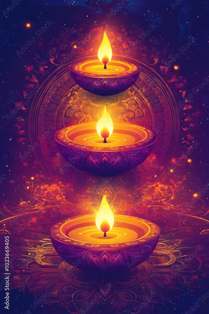 Three beautifully lit oil lamps with intricate designs, glowing brightly against a vibrant and colorful background, perfect for Diwali celebrations.