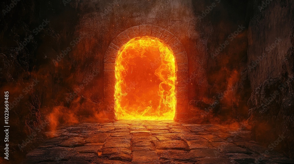 Fiery portal glowing in a mysterious stone corridor Fiery portal glowing in a mysterious stone corridor