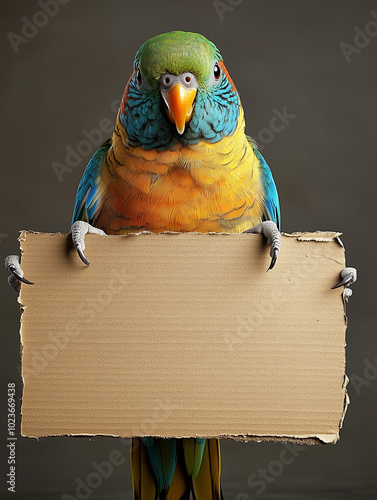 An adorable Australian parakeet with vibrant feathers, holding a worn cardboard sign photo