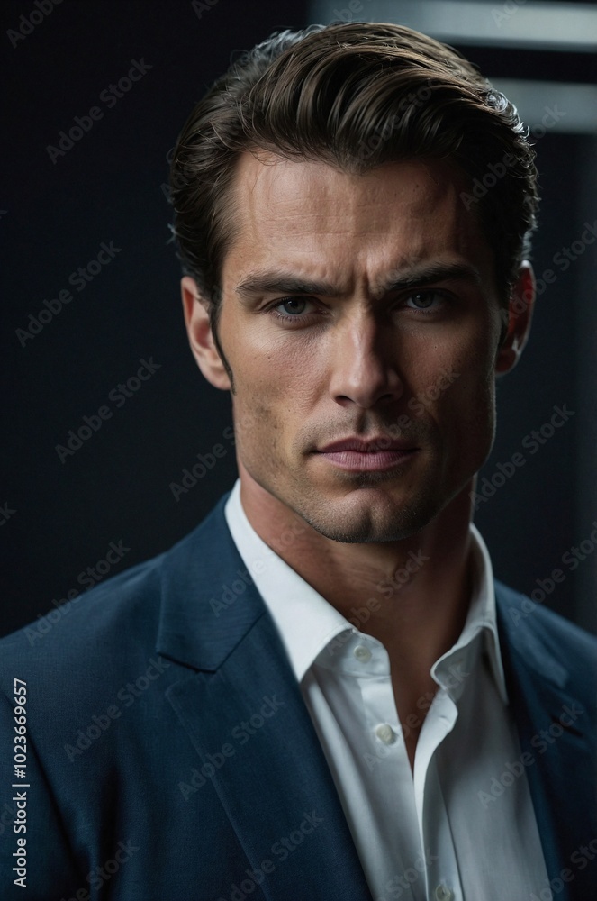 Tall muscular man exuding confidence in a tailored suit during a dramatic indoor photoshoot. Tall muscular man exuding confidence in a tailored suit during a dramatic indoor photoshoot.