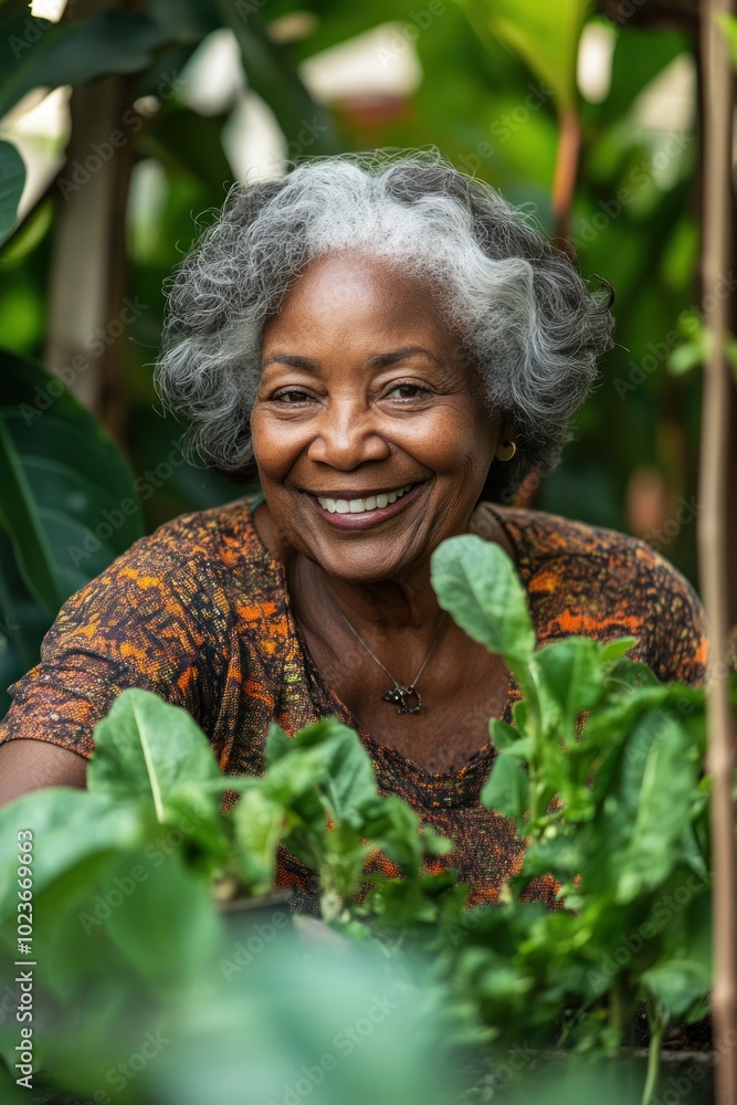smiling senior african american woman planting greenery in garden. senior activities, hobbies, happy retirement. lifestyle poster smiling senior african american woman planting greenery in garden. senior activities, hobbies, happy retirement. lifestyle poster