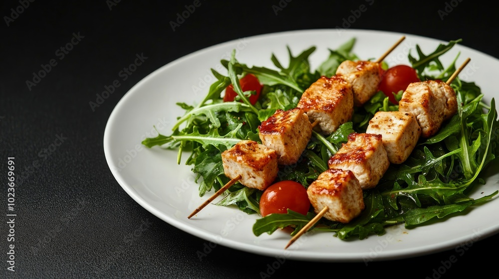 Grilled tofu skewers with cherry tomatoes and arugula salad on a white plate against a black background. Grilled tofu skewers with cherry tomatoes and arugula salad on a white plate against a black background.